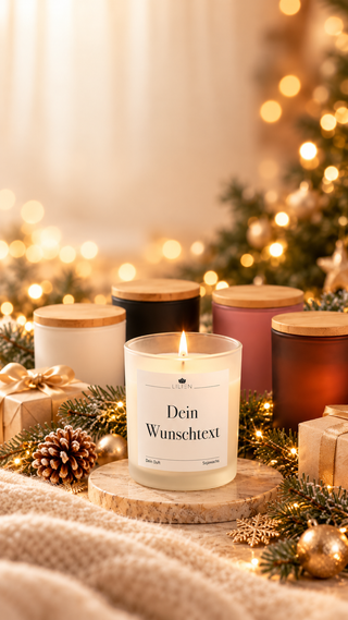 Personalisierte Duftkerze von LILIEN mit eigenem Foto und Wunschtext in winterlicher Weihnachtsdekoration